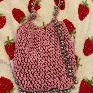 Pink Crochet Mango Bag with Beaded Strap
